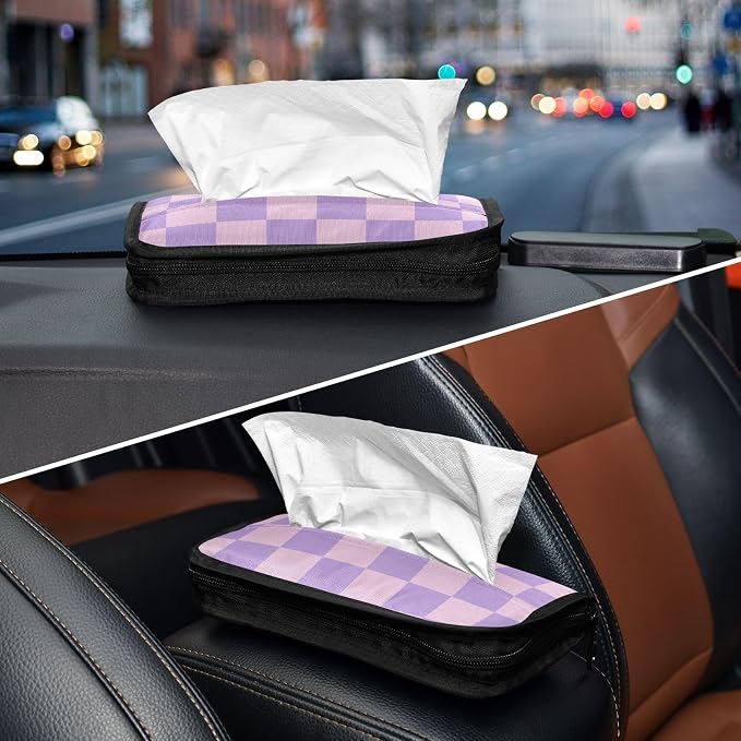 Car Tissue Holder Car Napkin Holder Tissue Box Dispenser Storage Case Sun Visor Mask Holder with Adjustable Straps Reusable Refillable Checkered Purple