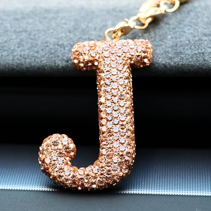 Bling Car Accessories for Women Letter Charm, Rainbow Crystal Rearview Mirror Pendant, Cute Diamond Rhinestone Car Decor, Lucky Gift for Women(J, Champagne Gold)