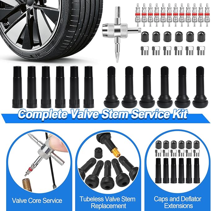 Tire Plug Kit, 160 PCS Tubeless Tire Repair Kit with Metal T-Handle Tools, Repair Strips, Screw-in Repair Plugs, Valve Stem Service Accessories, Pressure Gauge, Gloves & Hard Case