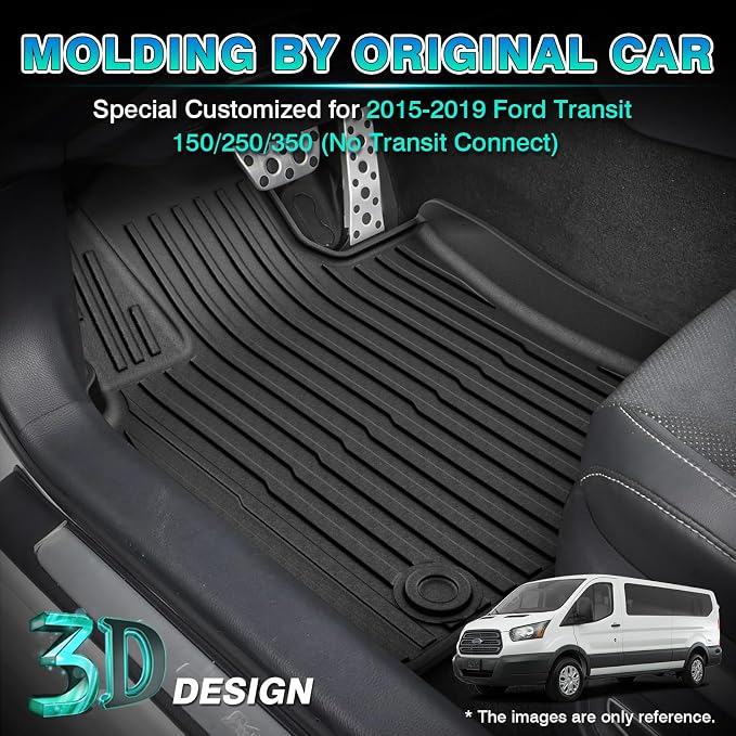 T TGBROS Floor Mats Custom Fit for 2015-2021 Ford Transit 150/250/350/350HD (No Transit Connect) Front Row All Weather TPE Floor Liners Non-Slip Black 1PCS