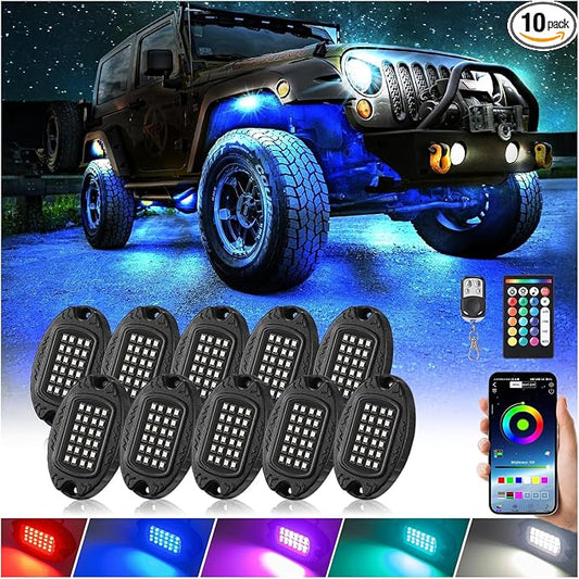 10 Pods Alloy RGB LED Rock Lights, Shockproof Waterproof Heavy Duty Aluminum Metal Underbody Neon Kit for Trucks Pickup Offroad SUV ATV UTV SUV, 12V Underglow Lights with APP/RF Control & Music Sync