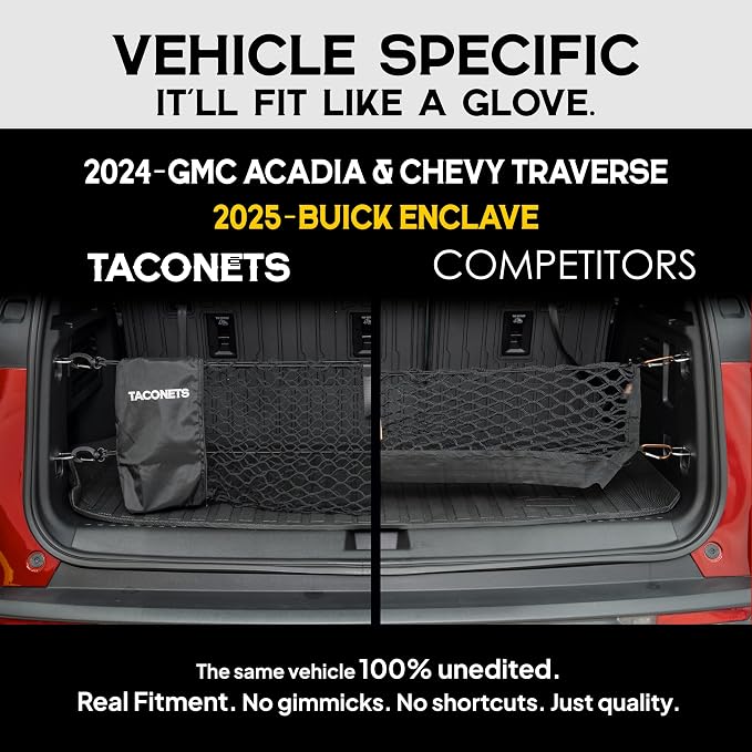 TacoNets Envelope Cargo Net for Acadia/Traverse/Enclave - Fits 2024-Current - Upgraded 5mm Bungee - Integrated Storage Bag - Heavy Duty Hooks - Designed in USA