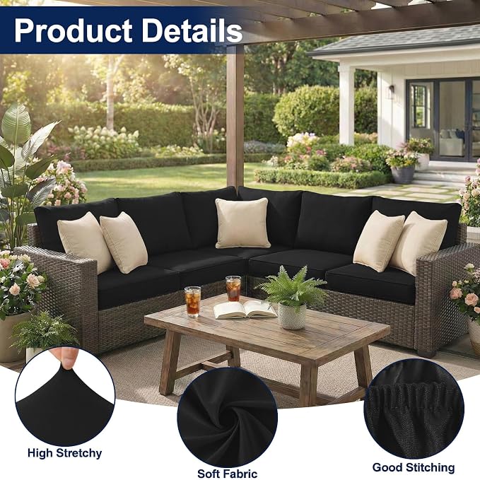 Smiry Waterproof Patio Cushion Covers, Stretch Outdoor Couch Slipcovers Replacement Washable Furniture Protector Sofa Chair Seat Cover for Dogs and Pets (12 Pcs, Black)