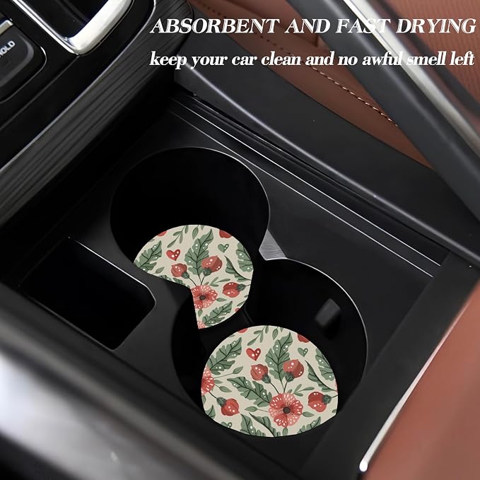 Car Coasters for Drinks Absorbent，Cute Car Accessories for Women and Lady，2 Pack 2.95inch Car Cup Holder Coasters，Universal Non Slip Cup Holder Insert Coaster (Red Flower)