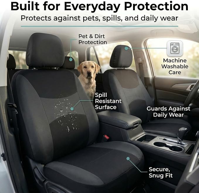 FH Group Universal Automotive Seat Covers 8 Seater Set | Light & Breezy Flat Cloth Washable Car Seat Cover for SUV, Sedan, Truck | Airbag Compatible Interior Upgrade - Black