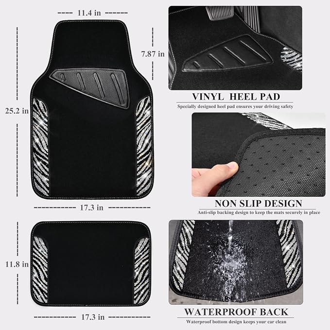 CAR PASS Bling Zebra Car Mats Rhinestones Diamond Waterproof Floor Mat Crystal Sparkly Shining Glitter Carpet Anti-Slip PVC Heel Pad, Universal Fit Automotive SUV,Sedan,4pcs Girly Women, Zebra Diamond