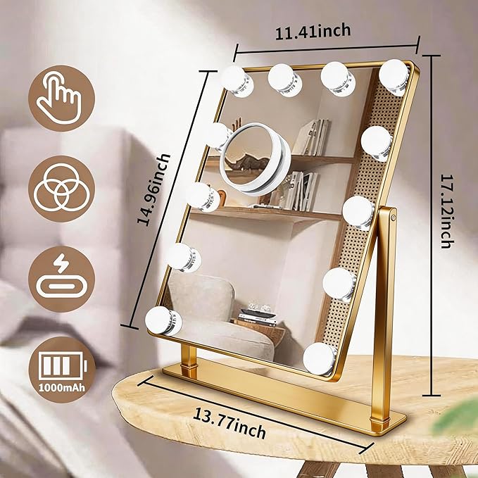 Makeup Vanity Mirror with LED Lights Makeup Mirror Detachable 10X Magnification, Hollywood Make Up Mirror with Lighting, Smart Touch, Rechargeable,360° Rotation, Gold 17.12"x13.77"