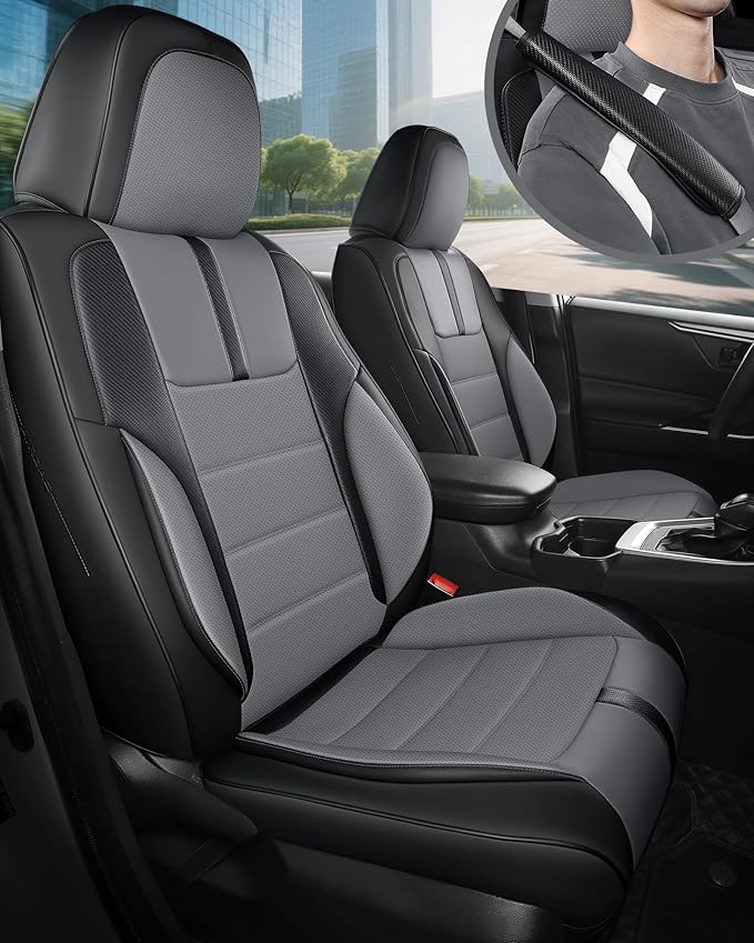 FREESOO Universal Front Seat Covers, Waterproof Faux Leather Automotive Seat Covers with Carbon Fiber Texture Seat Belt Pads, Anti-Slip Airbag Compatible Car Seat Protectors for Cars SUVs Trucks