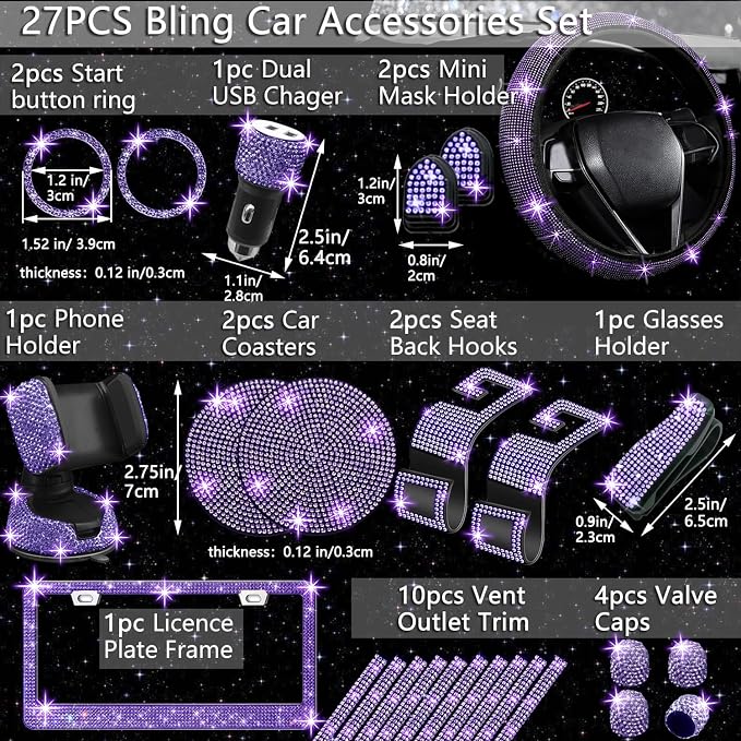 NBTEPEM 27 PCs Purple Violet Bling Car Accessories Set for Women, Steering Wheel Covers Universal Fit 15 Inch, Bling License Plate Frame, Bling Phone Holder, Bling Car Coasters