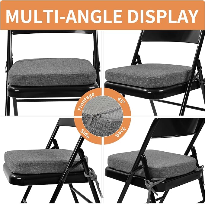 SINOSSO Memory Foam Chair Cushions for Folding Chairs 6 Pack, Thickened 2" Square Pads with Ties for Kitchen Chairs, Indoor Non-Slip Dining Chair Seat Cushions (Set of 6, Dark Grey)