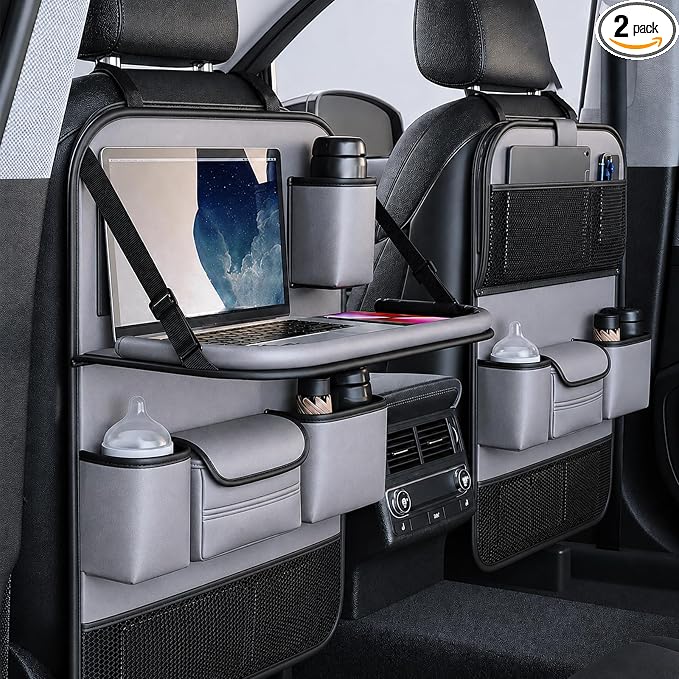 2 Pack Leather Car Seat Back Organizer with Foldable Tray Table, Backseat Car Organizer with Tablet Pocket, Cup Holders, Tissue Pocket, Mesh Pockets, Kick Mat Gray