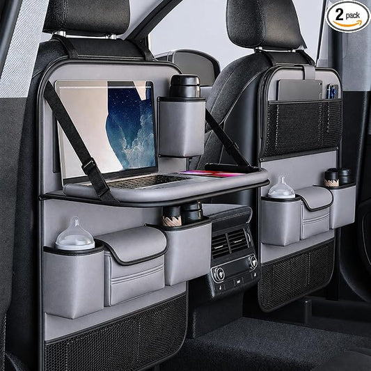 2 Pack Leather Car Seat Back Organizer with Foldable Tray Table, Backseat Car Organizer with Tablet Pocket, Cup Holders, Tissue Pocket, Mesh Pockets, Kick Mat Gray