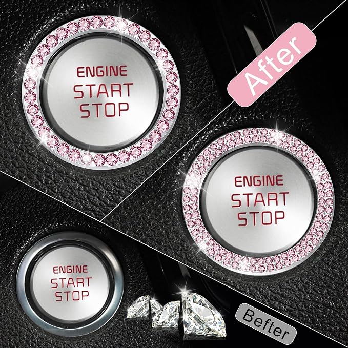 LivTee 2 PCS Crystal Combinatorial Rhinestone Car Engine Start Decoration Ring, Push to Start Button Cover Sticker, Bling Car Interior Accessories for Women, Automotive Decals, Pink