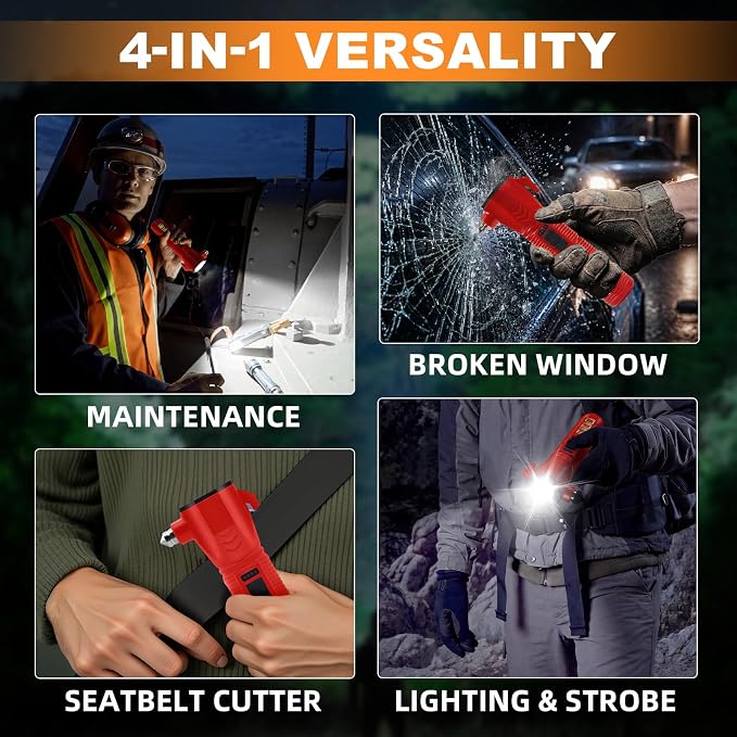 Red Emergency Car Flashlight - 2000 Lumen Dual Light 4-Level Battery Indicator Window Breaker & Seatbelt Cutter USB Rechargeable Ultra-Light 108g Car Emergency Tool