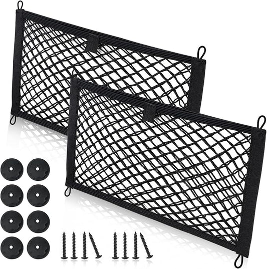 Universal Mesh Cargo Net for Car Trunk Storage,2 Pack Elastic Small Cargo Net Pocket Organizer Pouch Bag,Stretchable Automotive Cargo Nets with 8 Pieces Mounting Screws and Hooks for RV,SUV,Boats,Home