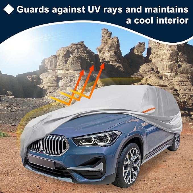Silver Tone Heavy Duty Waterproof Car Cover for SUV 173"-179" - All-Weather UV Protected Outdoor Full Exterior Cover with Sun/Snow/Rain Resistance