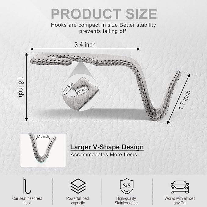 LivTee Gray Superior Leather Car Seat Back Headrest Hook, Auto Seat Hook Hangers Interior Accessories for Purse Coats Umbrellas Grocery Bags Handbag, 2-Pack