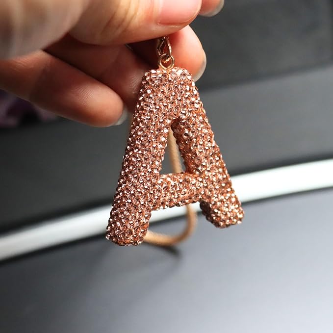 Bling Car Accessories for Women Letter Charm, Rainbow Crystal Rearview Mirror Pendant, Cute Diamond Rhinestone Car Decor, Lucky Gift for Women(A, Champagne Gold)