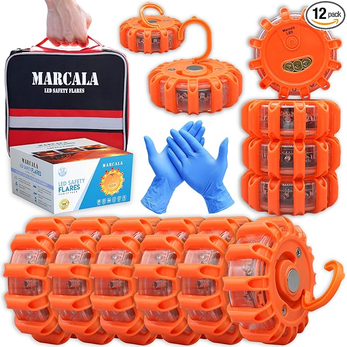 Marcala 12-Pack Emergency Flares for Vehicles | Emergency Roadside Lights | Complete LED Road Flares Kit | Emergency Lights For Vehicles | Perfect For Gifting or Everyday Roadside Safety