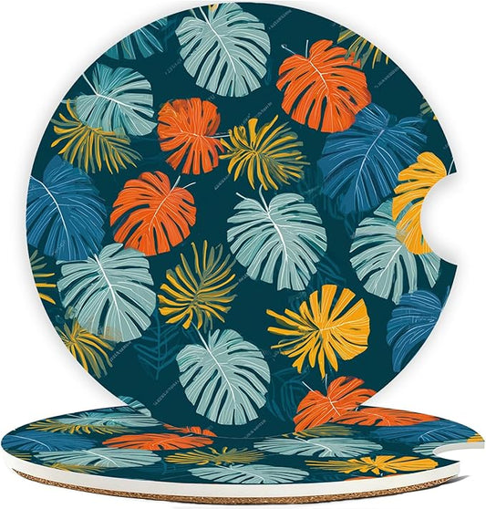 Car Cup Holder Coaster Set of 2, 2.56 in Ceramic Coasters, Scratch-Resistant Cork Backing, Finger Groove Design for Easy Placement, Cute Car Accessories Interior for Women (Blue Maple Leaf)