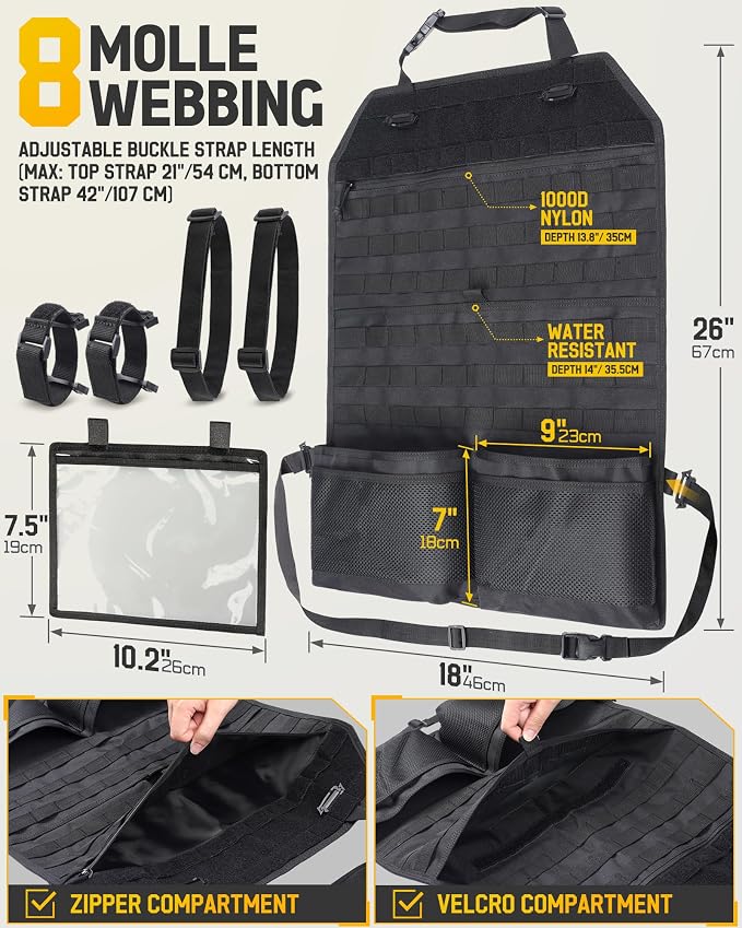WYNEX MOlle Car Backseat Organizer Detachable 4 Molle Pouches for Road Trip | Truck Seat Back Storage & Organizer Molle Panel with Tactical Bag, Fits Most Cars, SUVs, Pickups, Jeepd, Trucks, Vans