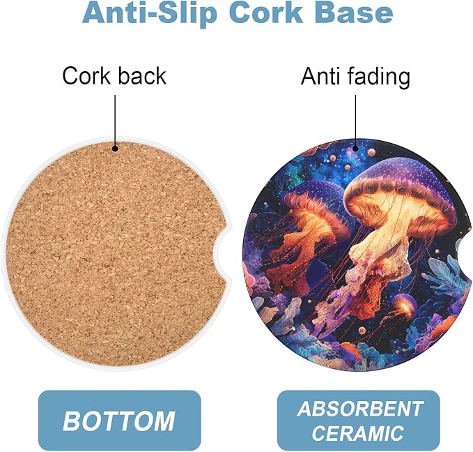 2 Pack Car Cup Holder Coaster, 2.63 inch Anti Slip Insert Absorbent Ceramic Car Coaster with Cork Base and Finger Notch, Cute Car Accessories Interior for Women, Cute Car Coasters.
