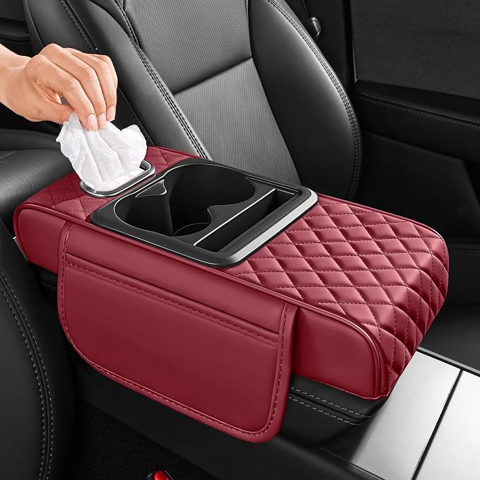 5 in 1 Nappa Leather Console Armrest Cover, Burgundy | Built-in cup holder, tissue slot, phone holder & 2 storage pockets, practical car accessories fit SUV sedan truck
