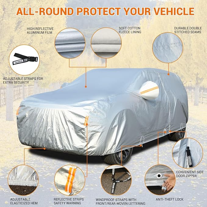 Tecoom SUV Car Cover Waterproof All Weather, 3-Layer Fleece Lined Outdoor Indoor Cover with Zipper Door & Lock, UV Snow Hail Sun Protection, Fit for SUV (206"–215")
