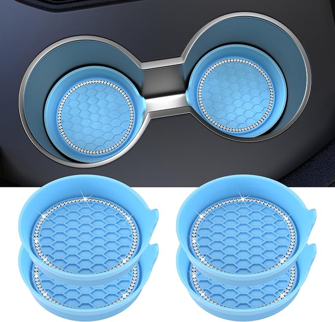 Amooca Car Cup Coaster Universal Non-Slip Cup Holders Bling Crystal Rhinestone Car Interior Accessories 4 Pack Light Blue