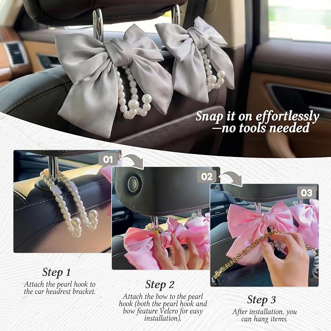 2PCS Satin Bow Pearl Car Seat Headrest Hooks – Car Bag Holder & Vehicle Hanger for Purses – Cute Coquette Aesthetic Interior Decoration – Cute Auto Organizer Accessories Universal (Moonlight Grey)