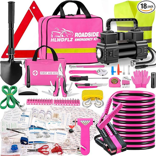 Car Emergency Kit with Portable Air Compressor - Roadside Assistance Emergency Kit with Jumper Cables, First Aid Kit, Auto Tool Set, Winter Safety Kit for Women, Men, Teen (Pink)