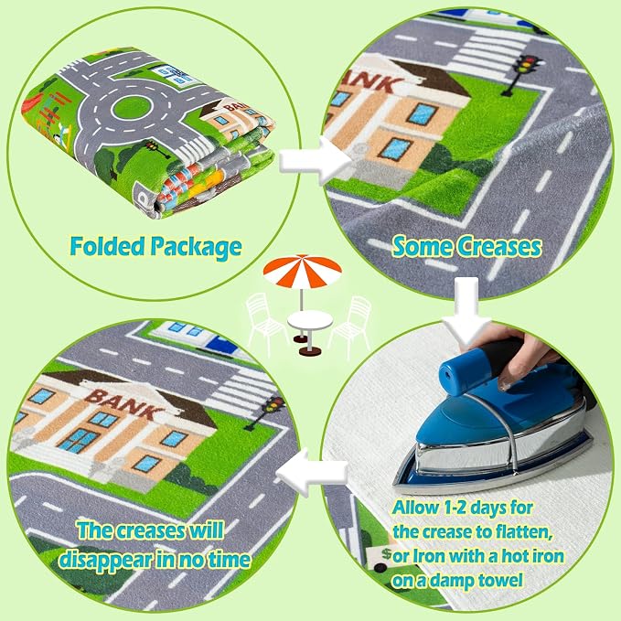 Car Rug Play Mat for Kids Toy Cars, City Road Traffic Playmat for Kid Bedroom, Non-Slip Machine Washable Kids Rugs for Learn and Have Fun 3'x4'/ 36"x48", Green