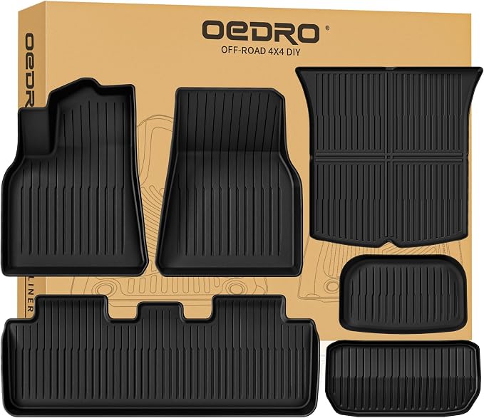 OEDRO Floor Mats Fits for Tesla Model Y 5-Seater 2024-2020 Custom Fit All Weather TPE Automotive Interior Cargo Liners Trunk Mats Accessories for Model Y (NOT for Model Y Juniper) 6 Pcs Mats Set