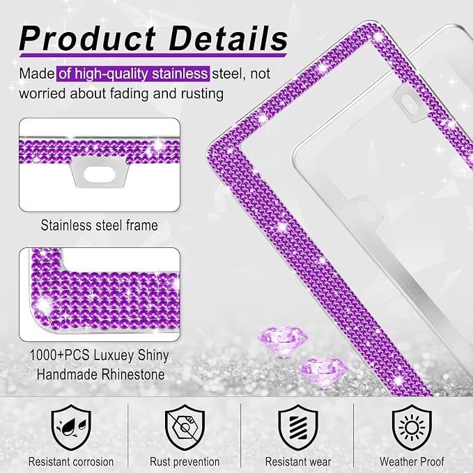 GaRhomxy Bling License Plate Frames for Women, 2 Pack Handcrafted Sparkly Rhinestone Car Accessories, Premium Stainless Steel Frame with 1000+ Faceted Glass Crystals & Free Glitter Caps (Purple)