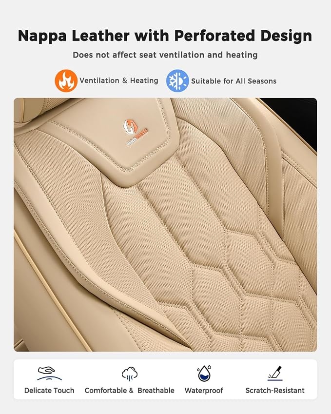 Huidasource Seat Covers Full Set, Universal Fit for Cars SUVs Trucks, Beige | Full Coverage Leather Car Seat Cover, Airbag, Cupholder Compatible, Seat Function Retain, Velcro Adjustable