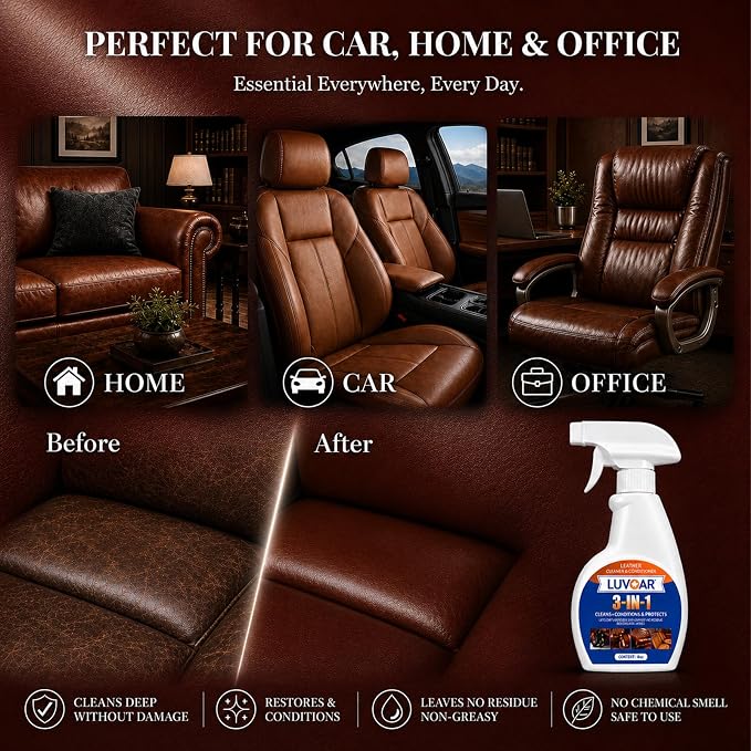 Leather Cleaner and Conditioner 3-in-1 Spray, Use on Leather Furniture, Car Seats, Shoes, Bags, Jackets and Leather Bags with Microfiber Brush & Microfiber Cloth(8 oz Spray Bottle)