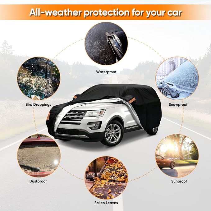 Car Cover Custom Fit for Ford Explorer 2006-2026, Outdoor Waterproof All Weather Heavy Duty Full Exterior Cover for Sun Rain Snow UV Dust Protection with Door Zipper