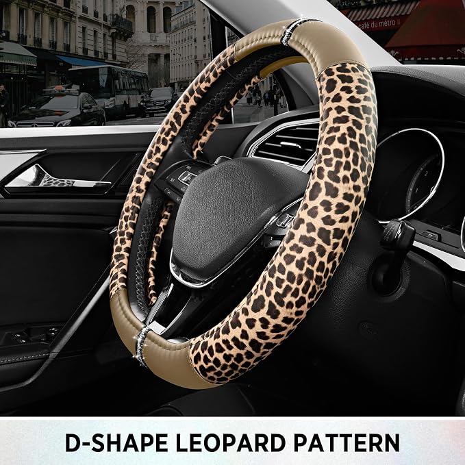 Road Comforts Leopard Steering Wheel Cover for Women, Cute Anti-Slip Microfiber Leather, Fits D Shape Flat Bottom Steering Wheel 14.5-15 Inch - Beige