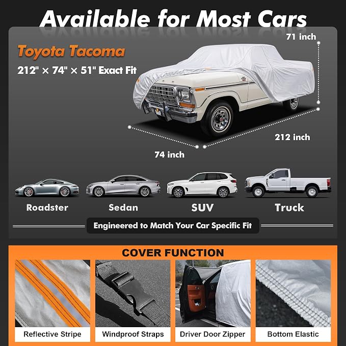 Truck Cover Waterproof All-Weather,Outdoor Pickup Covers(Length 211-220 inch) with Windshield Sun Shade Universal Fit Tacoma, Tundra, F-150, RAM 1500 etc,Size T2 (See Size Chart)