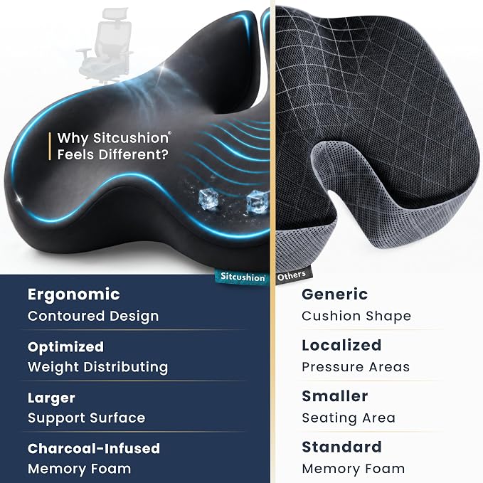 SitCushion Extra Large Memory Foam Seat Cushions for Office Chairs, Pressure Relief Seat Cushion for Tailbone Pain Relief, Desk Chair Pad for Sciatica, Lower Back Pain Relief (Cooling Black)