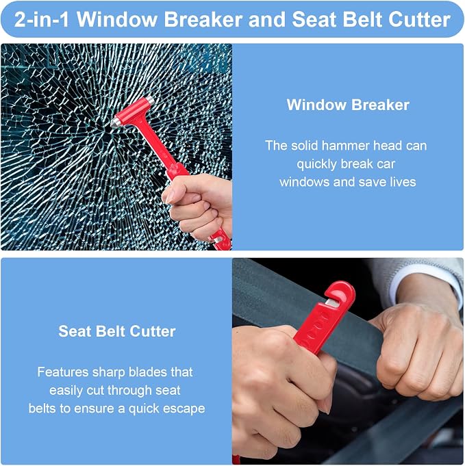 4-Pack Car Glass Window Breaker and Seatbelt Cutter, Emergency Escape Tool for Vehicle, Safety Hammers with Compact Dual-Steel Head Design for Quick Breakage (4)