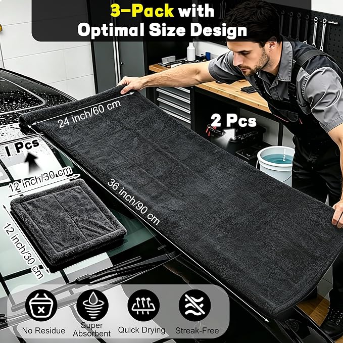 Aodaer 3 Pack Car Drying Towel, 1200GSM Microfiber Towels for Cars | 24 x 36 Inch & 12 x 12 Inch Super Absorbent Detailing Towels Dual Sided Streak-Free Twisted Loop for Auto SUV Truck Boat Home