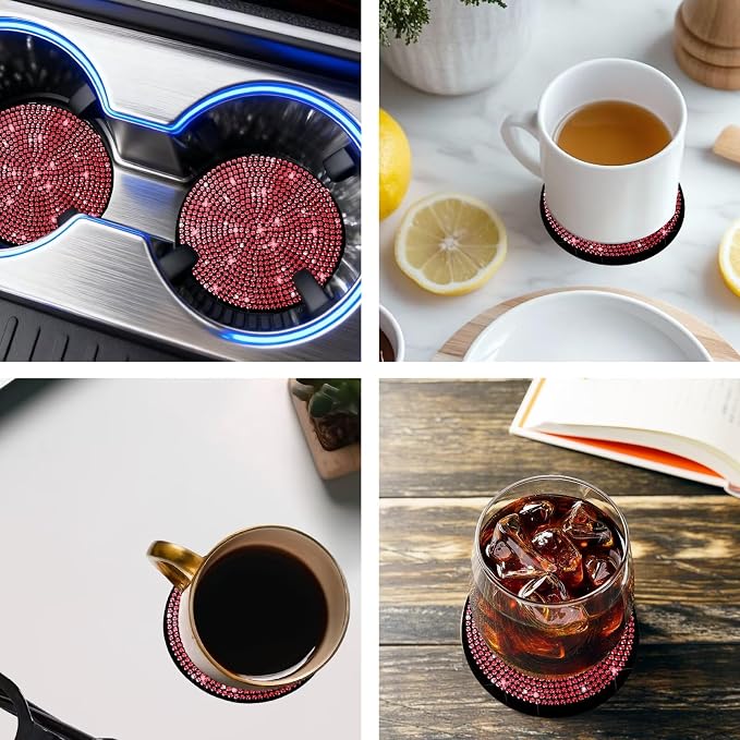 BFXM 2 PCS Bling Cup Holder Coaster, 2.75 inch Diamond Universal Non-Slip Silicone Cup Holder Coasters, Sparkly Bling Car Accessories for Women (Red)