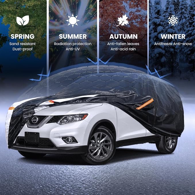 Multi-Layer Car Cover Custom Fit for Nissan Rogue(2016-2026), 100% Waterproof All Weather for Automobiles, Gift with Towel, Heavy Duty Car Covers for Rain Sun UV Protection with Door Zipper