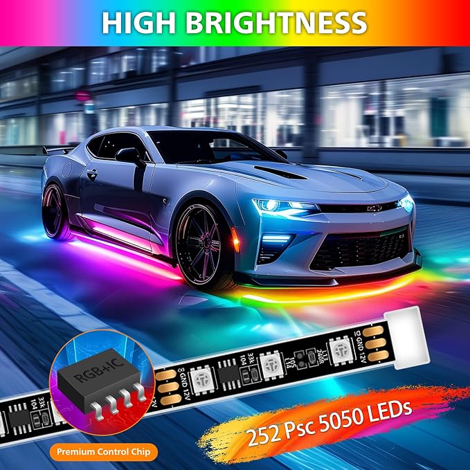 Underglow LED Light Kit 252 RGBI DIY Neon Strip for Car Truck | Underbody Exterior Accent Lighting with 16 Million Colors Music Sync Mode, for RV, SUV, Boat, Vans, 12V DC, IP65 Waterproof