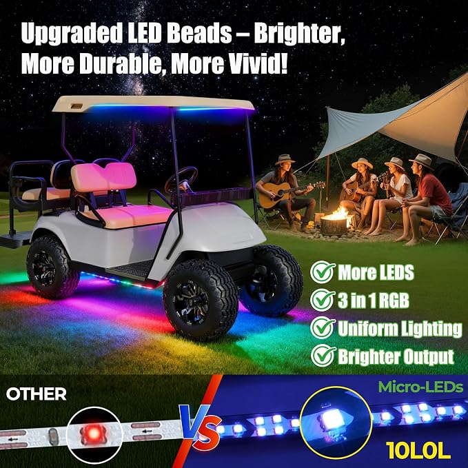 10L0L Golf Cart Underglow Light Kit with Canopy Lights, IP67 Waterproof, 24 Dream Color Modes Wireless Remote Music Sync, 12V-80V Wide Voltage Fit for Yamaha EZGO Club Car