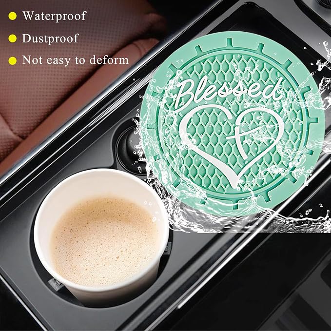KVAEY 2 PCS Car Cup Holder Coasters, 2.76 Inch Anti Slip Vehicle Drink Mats with Cute Blessed Cross and Heart, Shockproof, Universal Car Accessories (Light Green, 4 PCS)