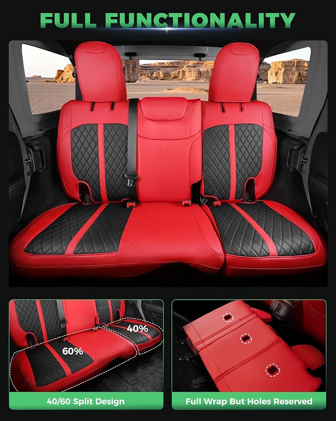 for Jeep Wrangler Seat Covers 4Door JL 2018 2019 2020 2021 2022 2023 2024 2025 2026, Custom Fit Car Seat Cover Full Set, Luxury Waterproof Leather Protectors, Red Black, W/O Rear Cup Holder