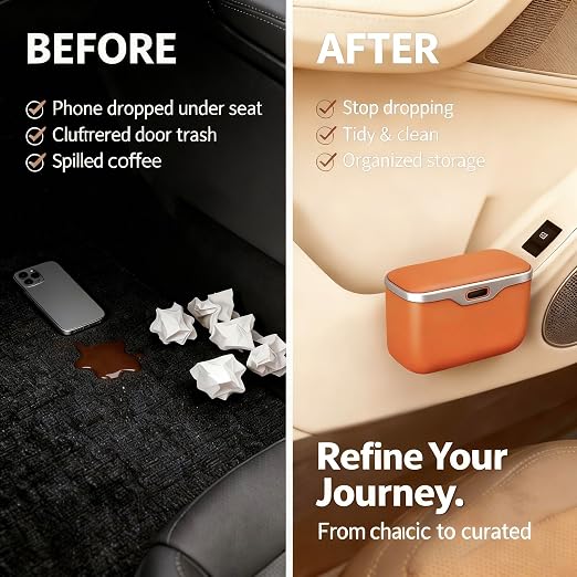 Car Trash Can with Lid - Leakproof Mini Garbage Bin for Door or Seatback,Premium ABS Auto Organizer,Space-Saving Car Garbage Can for Commuters,Families and Pet Owners,Fit for SUV,Sedan,Truck (Orange)