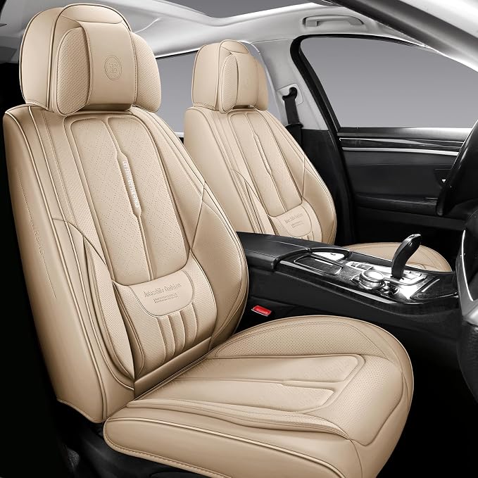 NS YOLO Universal Fit Full Coverage Leather Car Seat Covers for Cars,SUVs and Pick-up Trucks, Car Seat Protector,Automotive Seat Covers Full Set,Car Seat Cushion,Beige Seat Cover for 5 Seats